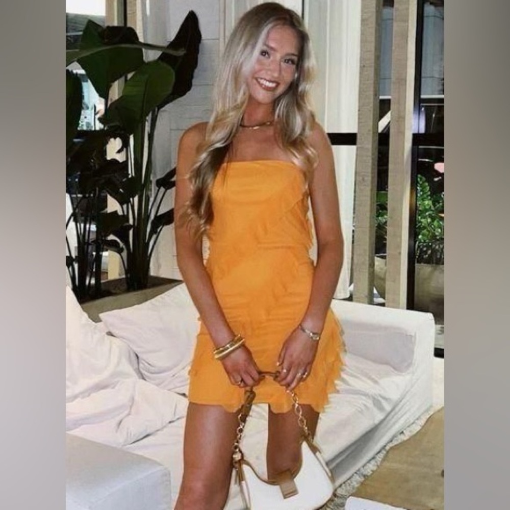 NWOT Vestique Vibrant Orange Strapless Ruffle Mini Dress